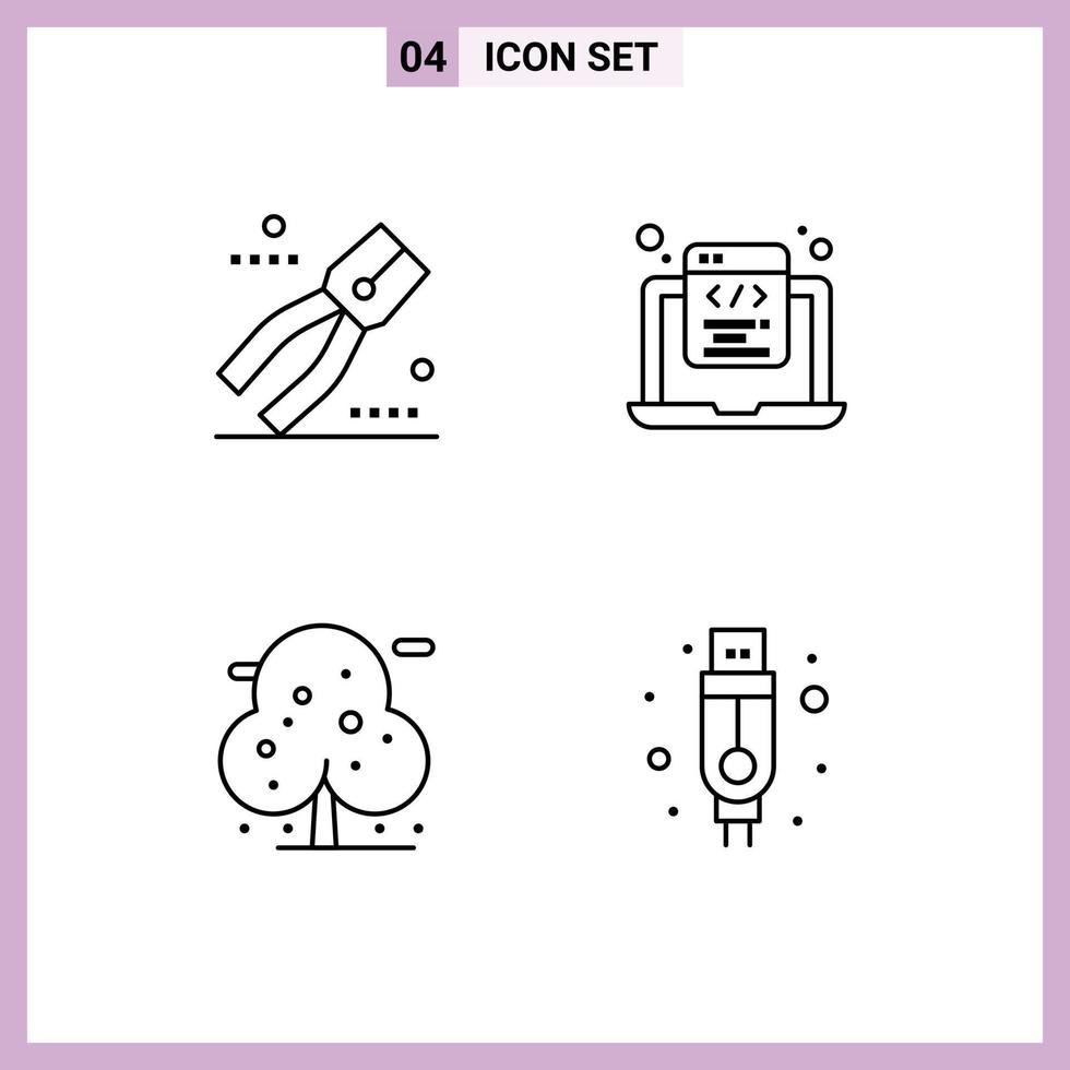 Group of 4 Filledline Flat Colors Signs and Symbols for construction beach tool html coding plant Editable Vector Design Elements