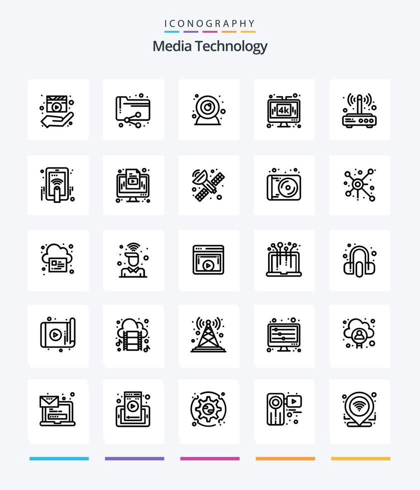 tecnología de medios creativos 25 paquete de iconos de esquema como módem. tecnología. carpeta. medios de comunicación. computadora vector