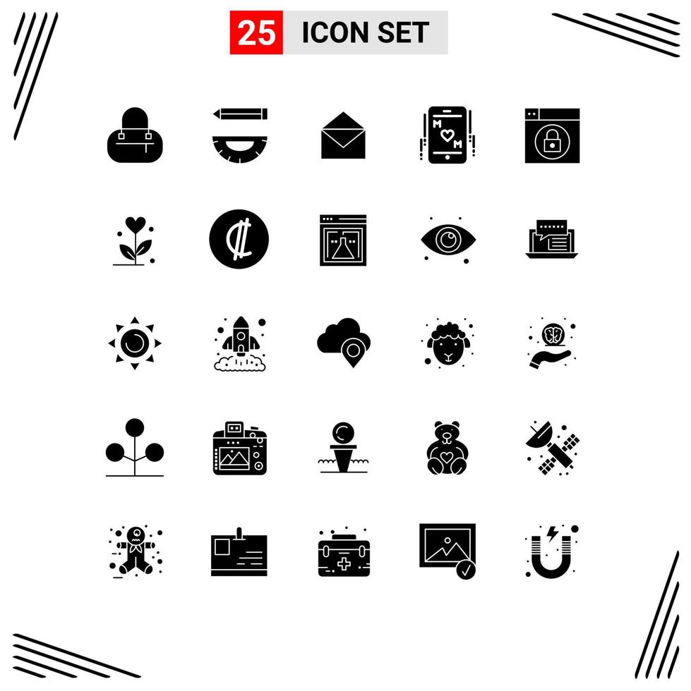 Pack of 25 Modern Solid Glyphs Signs and Symbols for Web Print Media such as lock web mail mother love Editable Vector Design Elements