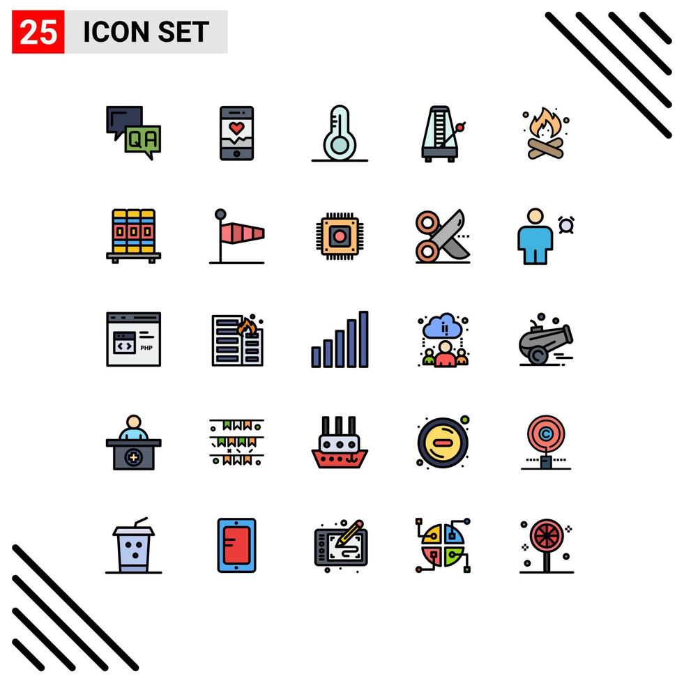 25 Filled line Flat Color concept for Websites Mobile and Apps camping sound science music instrument Editable Vector Design Elements