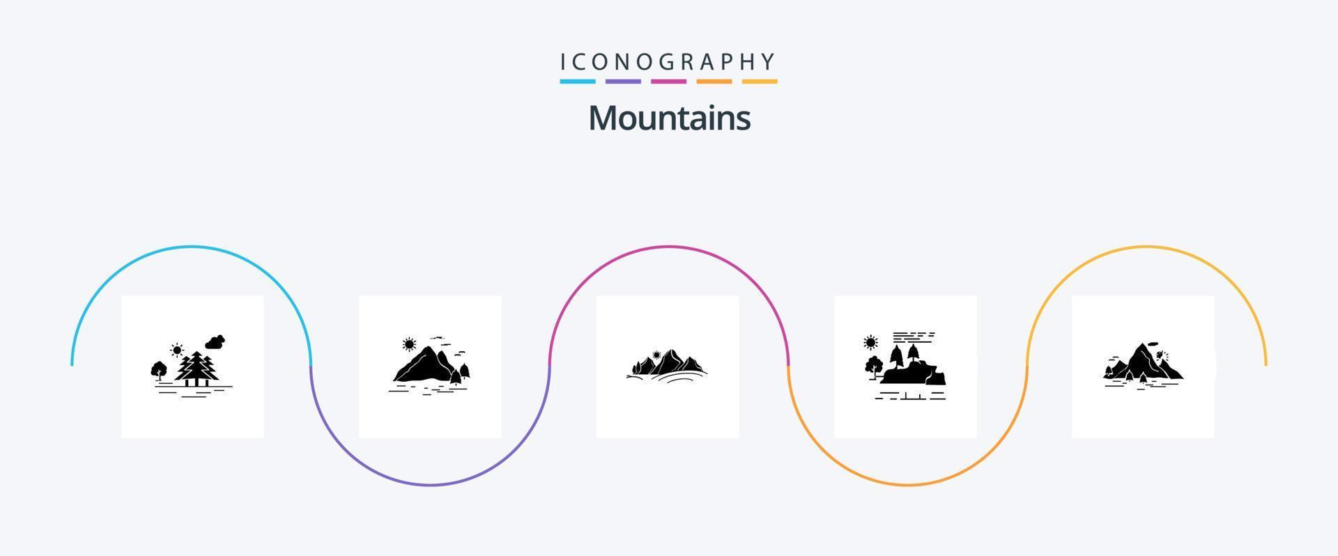 Mountains Glyph 5 Icon Pack Including landscape. sun. landscape. mountain. landscape vector