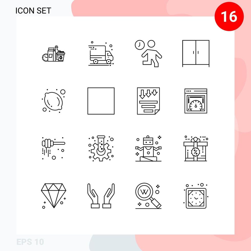 conjunto moderno de 16 contornos y símbolos, como elementos de diseño de vectores editables de tiempo interior de reloj de armario de comida
