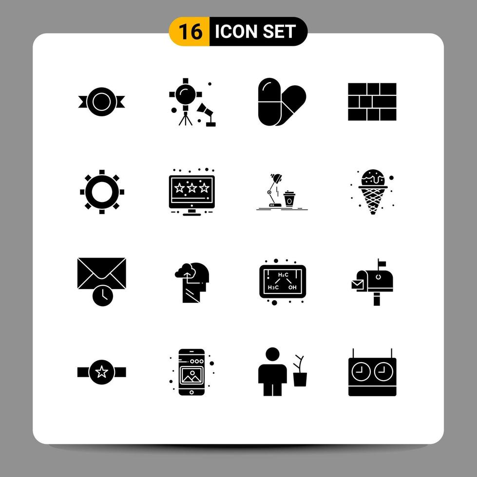 Pack of 16 Modern Solid Glyphs Signs and Symbols for Web Print Media such as online shop setting pill gear security Editable Vector Design Elements