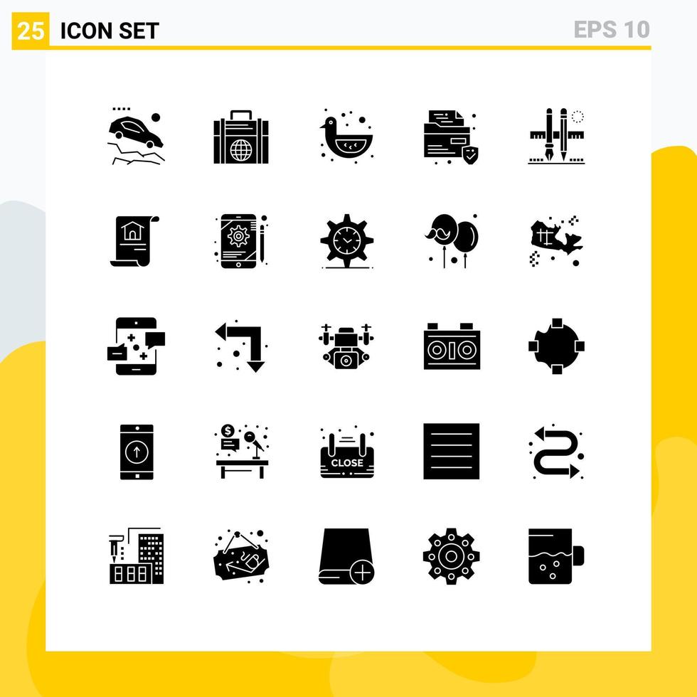Pack of 25 Modern Solid Glyphs Signs and Symbols for Web Print Media such as pencil stationary baby duck security file Editable Vector Design Elements