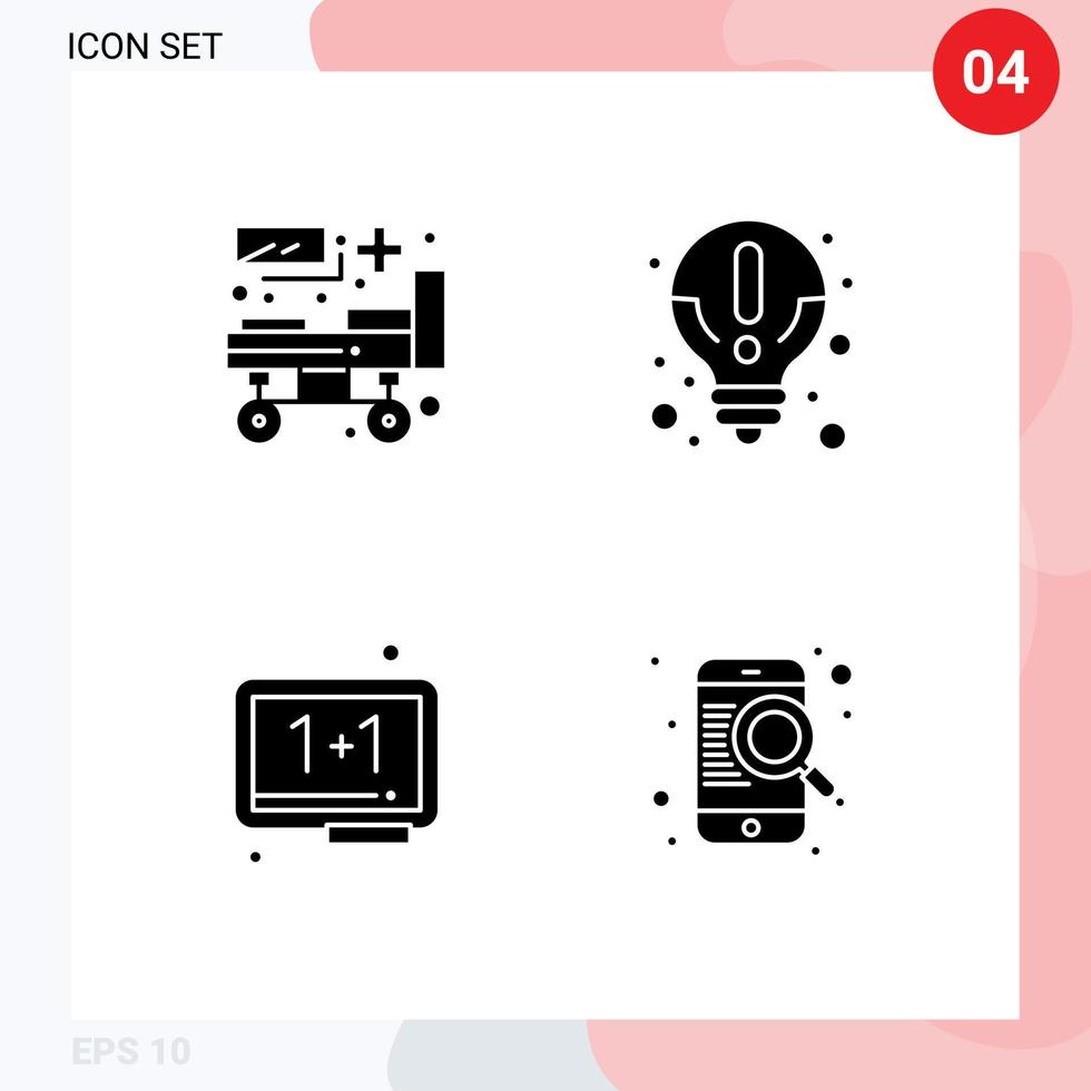 Modern Set of 4 Solid Glyphs Pictograph of bed education patient bed information school Editable Vector Design Elements