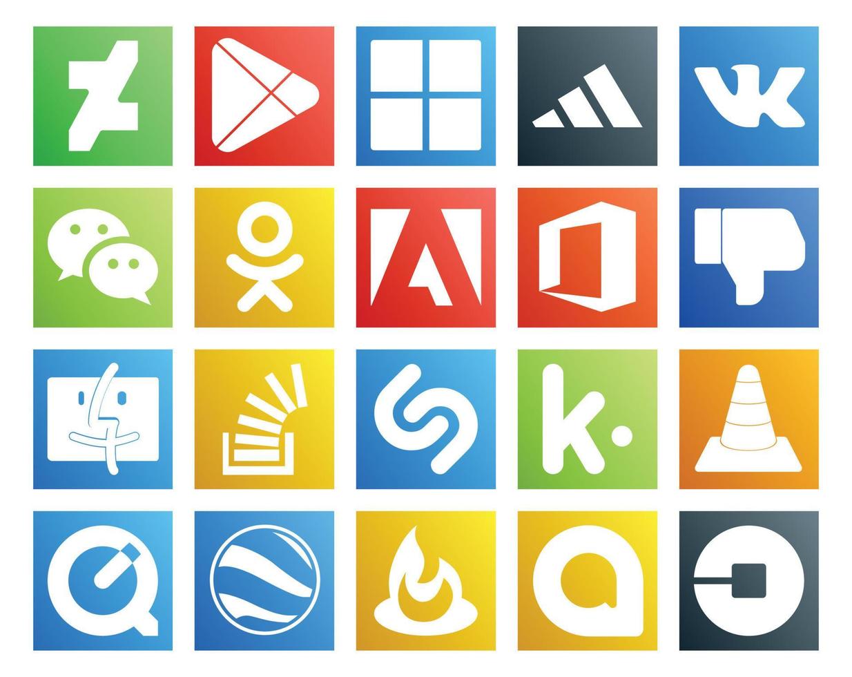 paquete de 20 íconos de redes sociales que incluye el buscador de preguntas shazam stock odnoklassniki vector