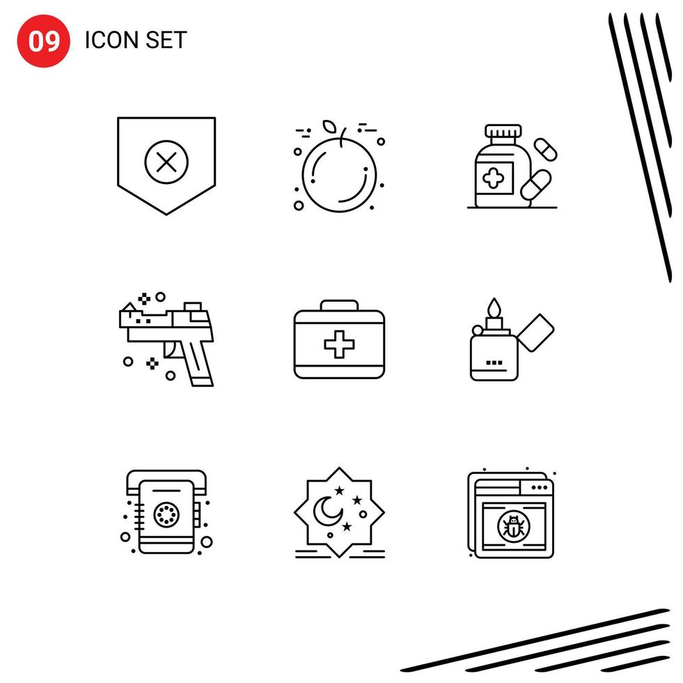 9 User Interface Outline Pack of modern Signs and Symbols of fire healthcare pills bag pistol Editable Vector Design Elements