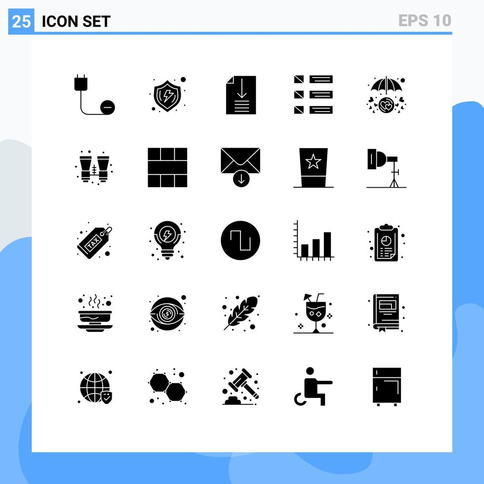 25 Thematic Vector Solid Glyphs and Editable Symbols of ui list shield detail page Editable Vector Design Elements