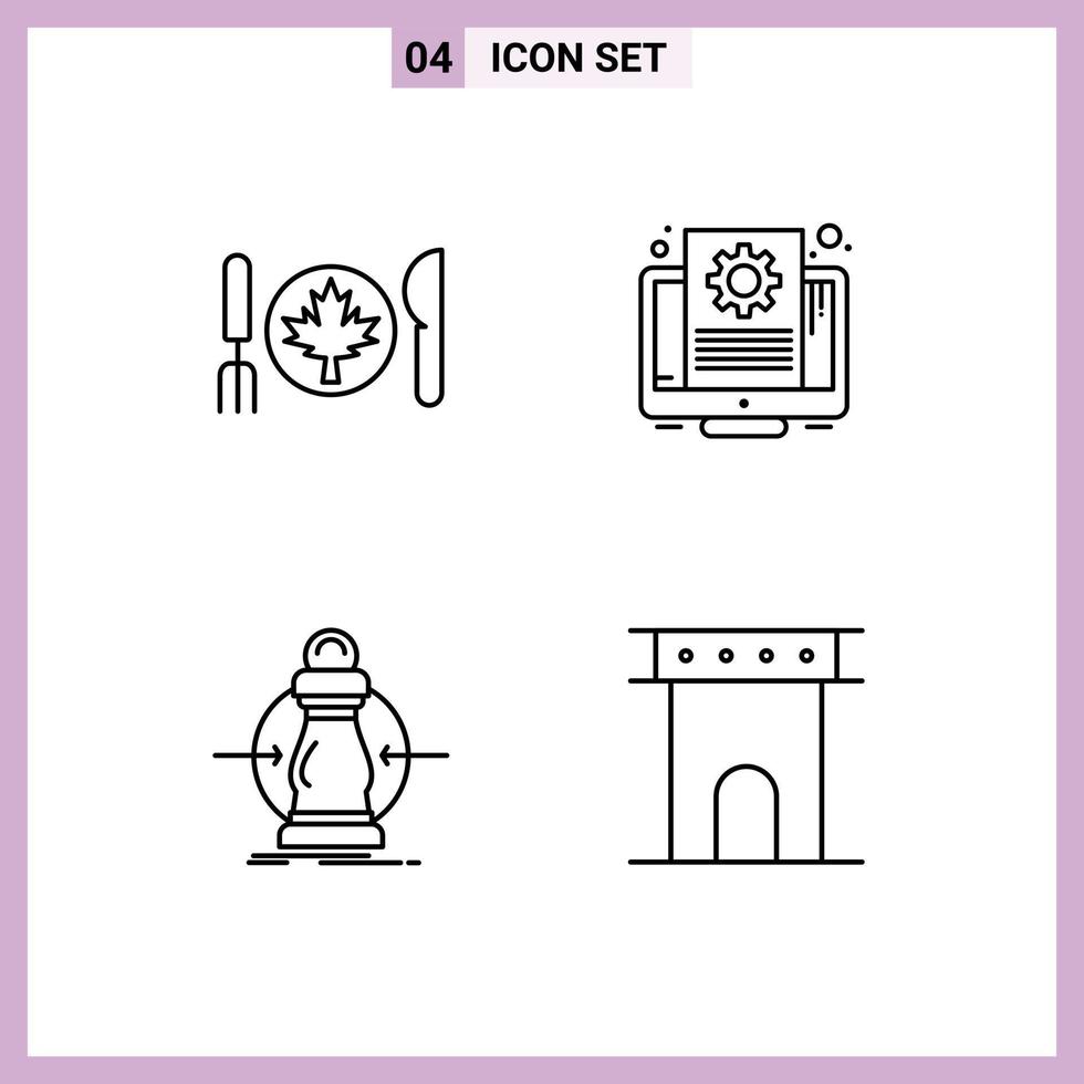 Mobile Interface Line Set of 4 Pictograms of dinner cost leaf setting lower Editable Vector Design Elements