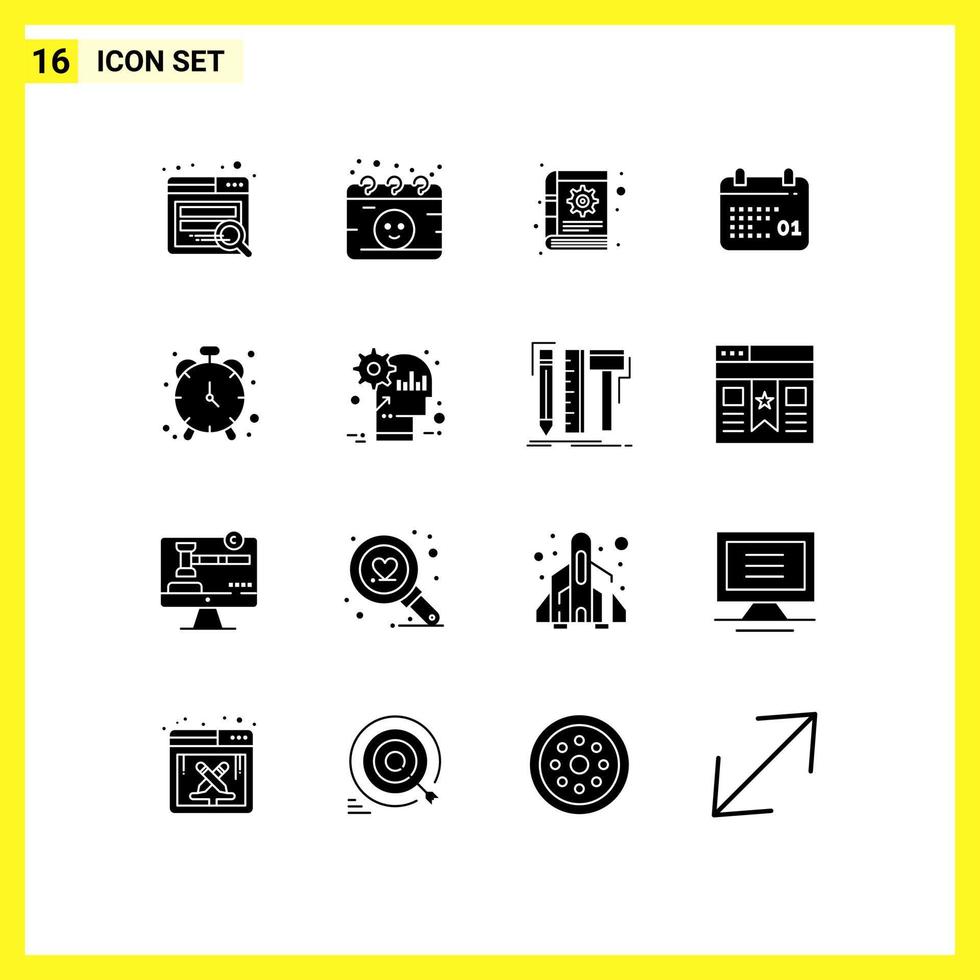Pack of 16 creative Solid Glyphs of timekeeper alarm content day calendar Editable Vector Design Elements