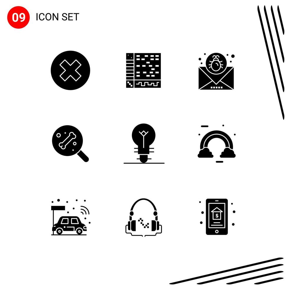 Pack of 9 Modern Solid Glyphs Signs and Symbols for Web Print Media such as bulb bone daw search mail Editable Vector Design Elements