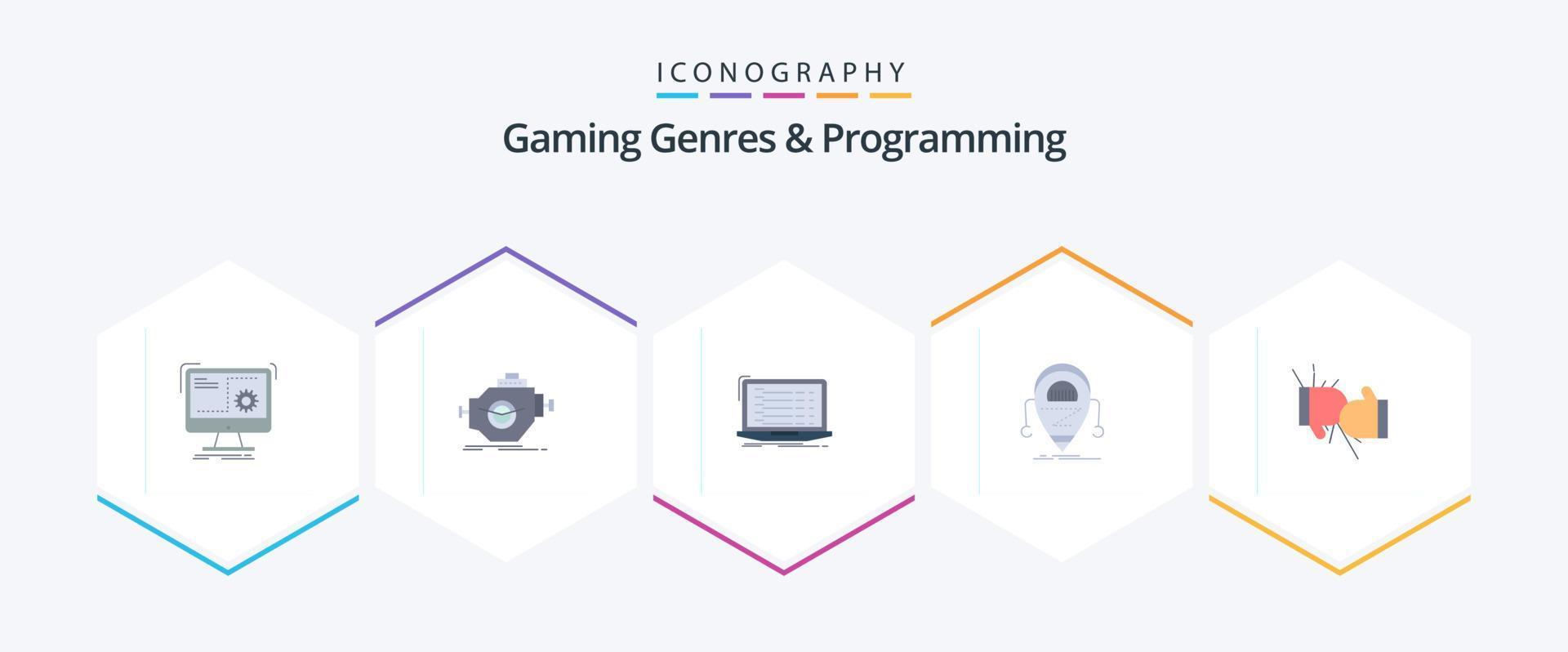 Gaming Genres And Programming 25 Flat icon pack including droid. android. motor. laptop. coding vector