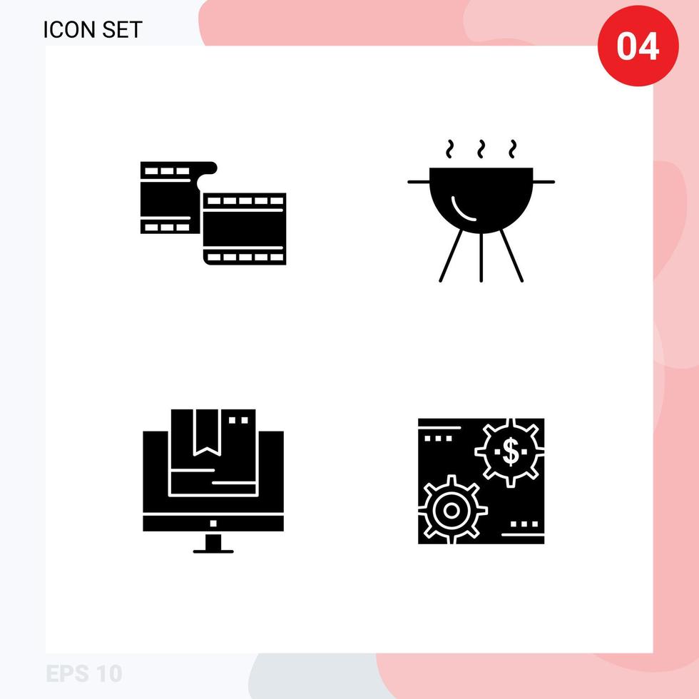 Group of 4 Modern Solid Glyphs Set for filam shop barbecue commerce revenue Editable Vector Design Elements