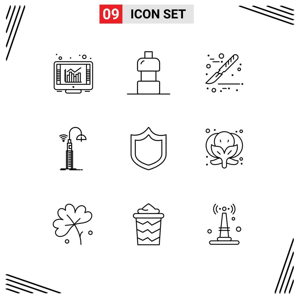 Universal Icon Symbols Group of 9 Modern Outlines of shield defense scalpel technology wifi Editable Vector Design Elements
