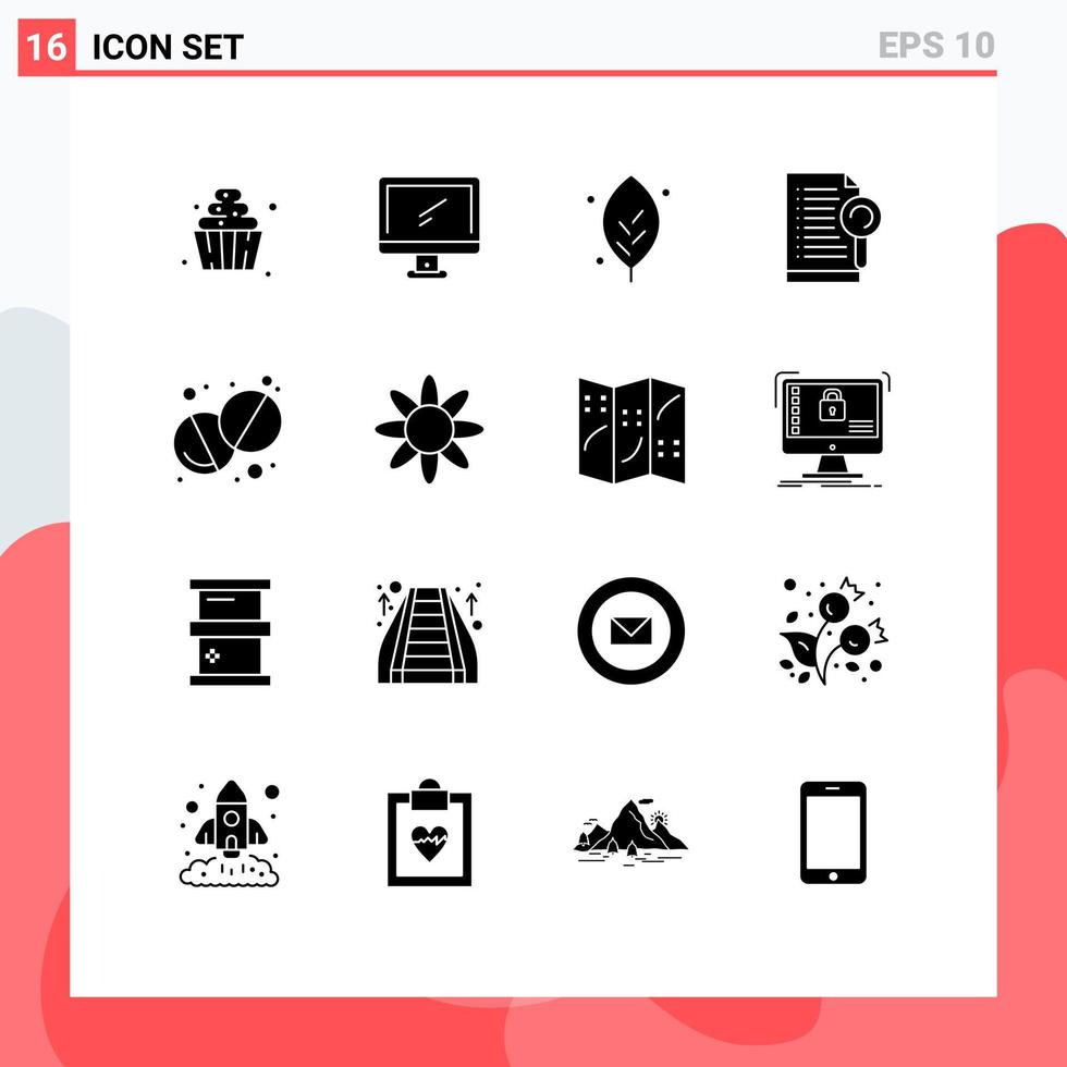 Pack of 16 creative Solid Glyphs of health search pc file spring Editable Vector Design Elements