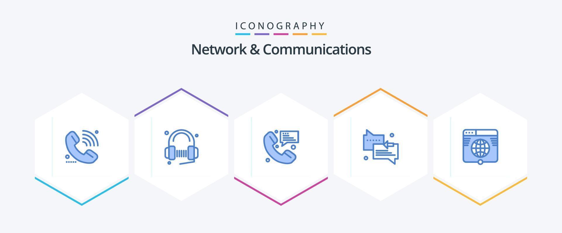Paquete de 25 íconos azules de redes y comunicaciones que incluye soporte. charlar. música. mensajería. mensaje vector