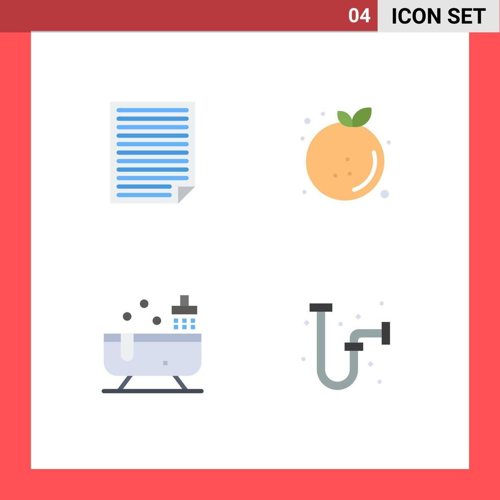 conjunto moderno de 4 iconos planos pictograma de datos papel naranja dieta bañera elementos de diseño vectorial editables vector