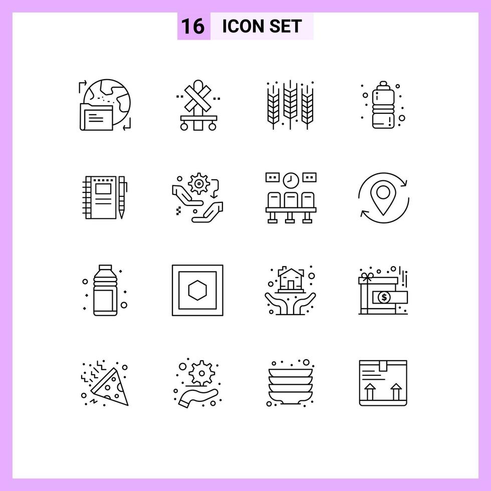 Group of 16 Modern Outlines Set for sketch notebook sports agriculture fitness health grain Editable Vector Design Elements