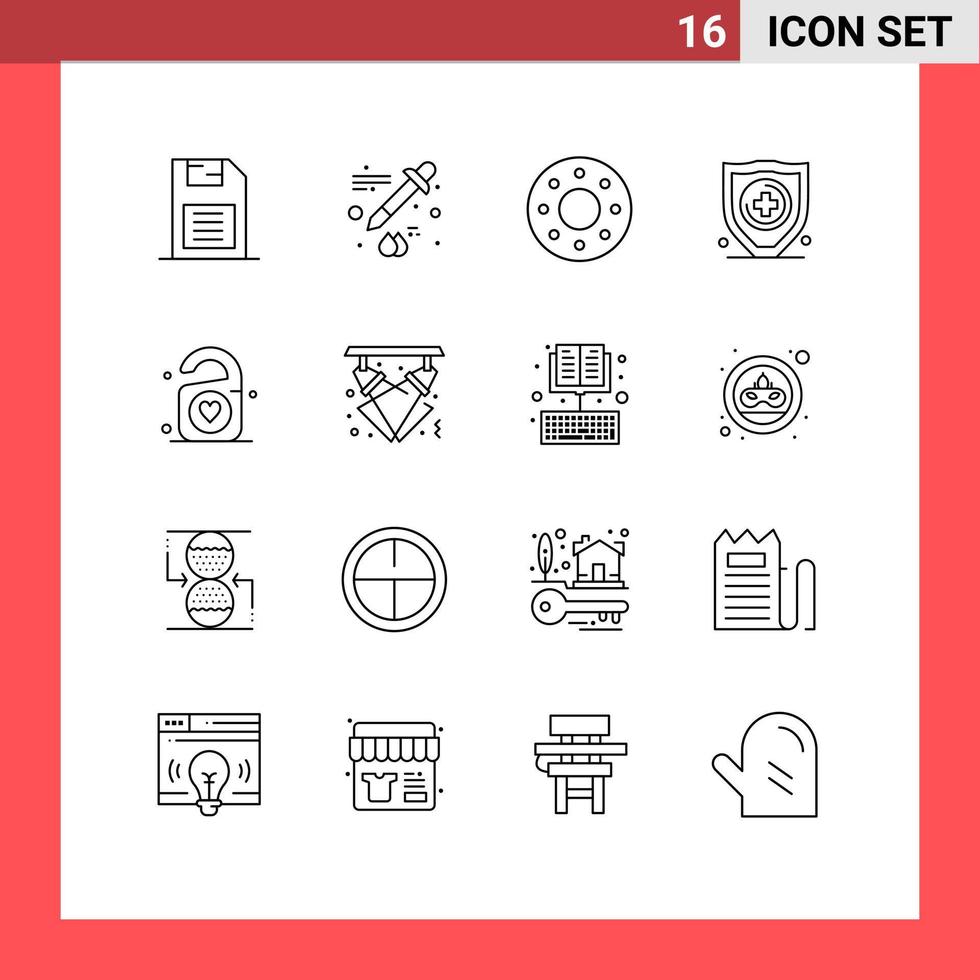 Mobile Interface Outline Set of 16 Pictograms of wedding love donut tag protection Editable Vector Design Elements