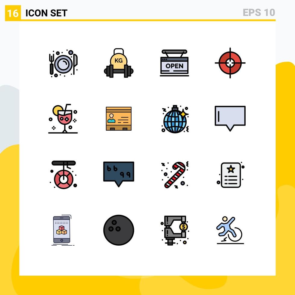 Pack of 16 Modern Flat Color Filled Lines Signs and Symbols for Web Print Media such as target aim kettlebell online store Editable Creative Vector Design Elements
