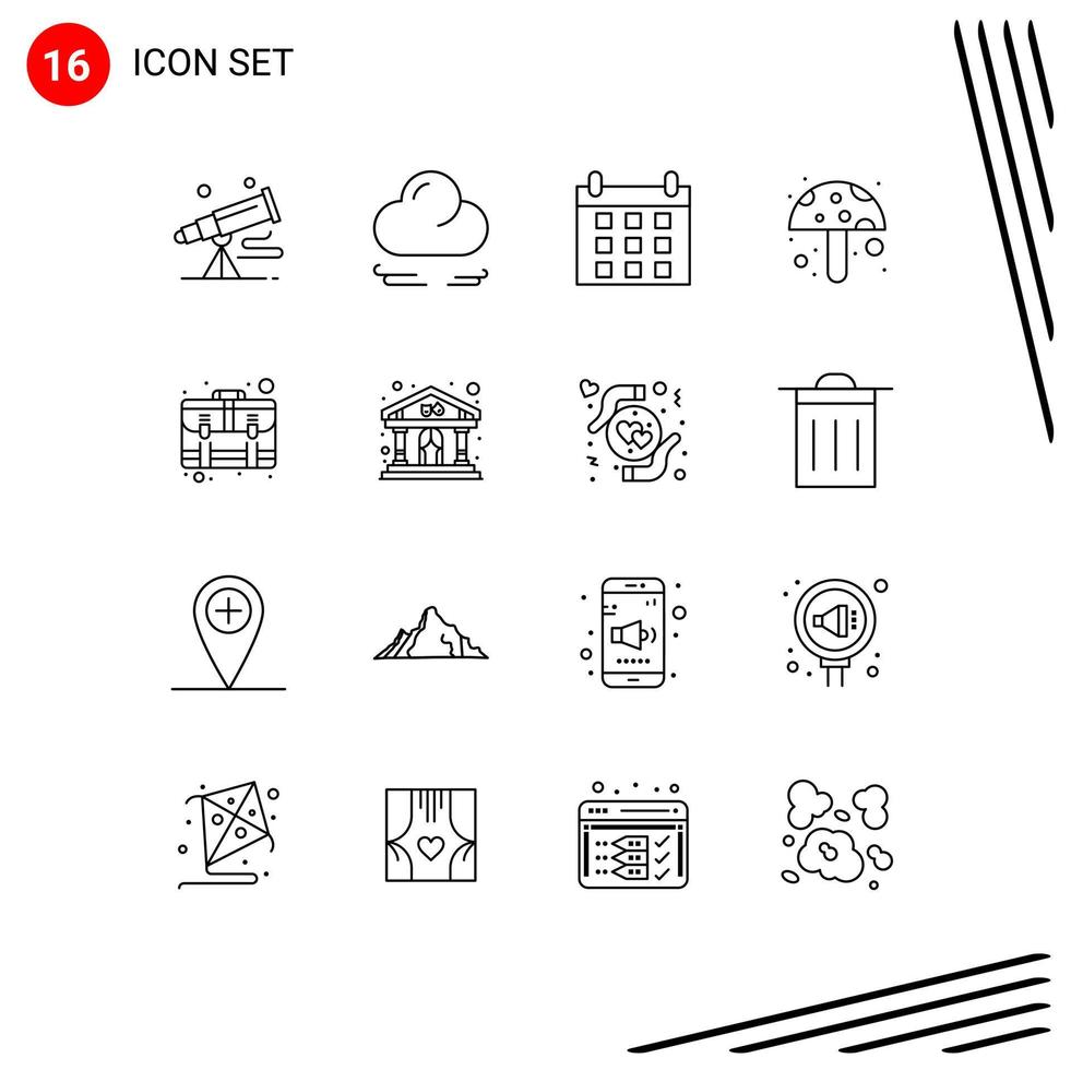 Group of 16 Outlines Signs and Symbols for suitcase business calendar services food ingredient Editable Vector Design Elements