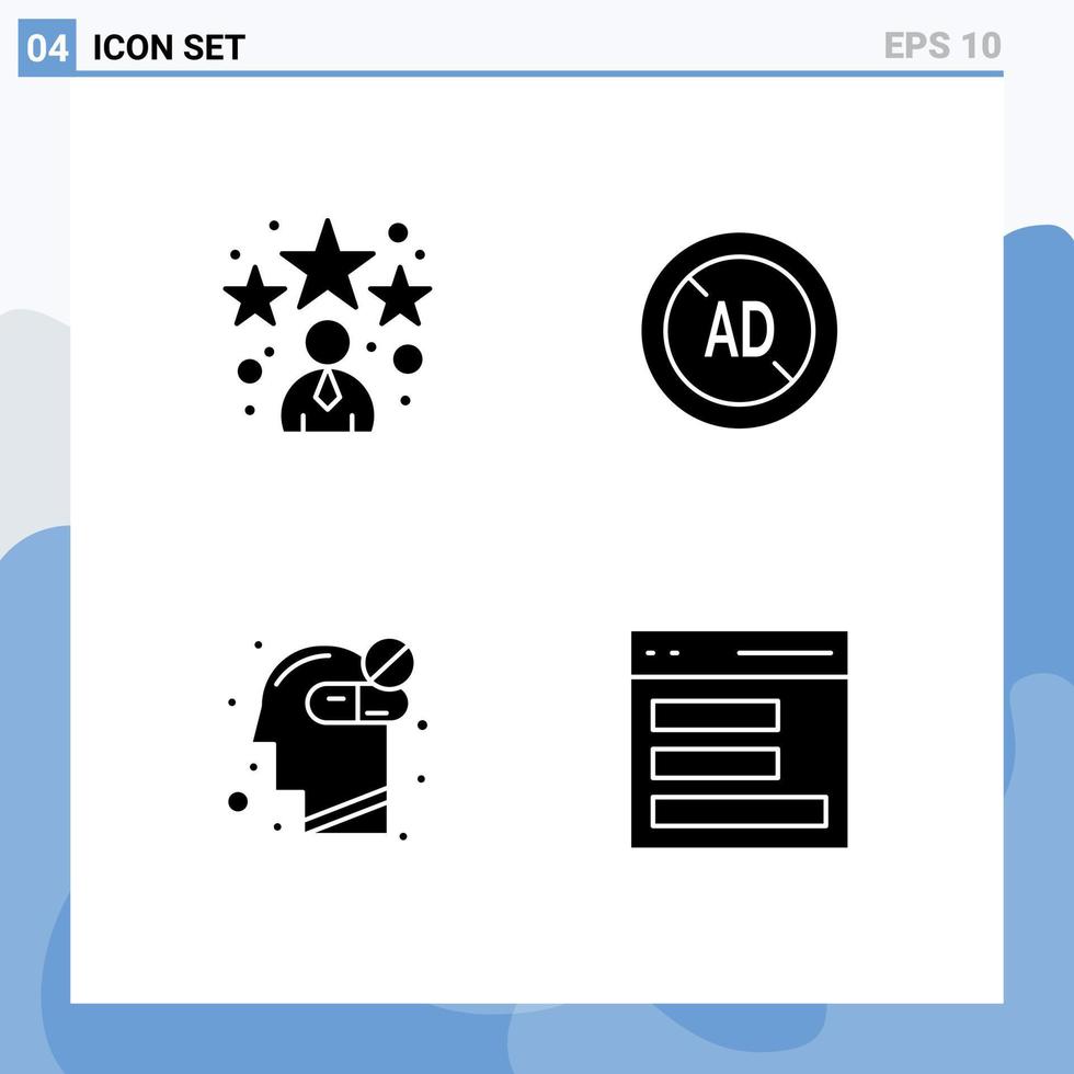Mobile Interface Solid Glyph Set of 4 Pictograms of avatar healthcare star ad blocker medicine Editable Vector Design Elements