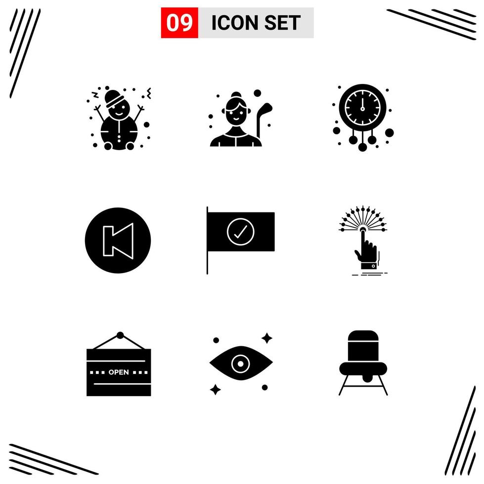 Pictogram Set of 9 Simple Solid Glyphs of flag previous clock multimedia watch Editable Vector Design Elements