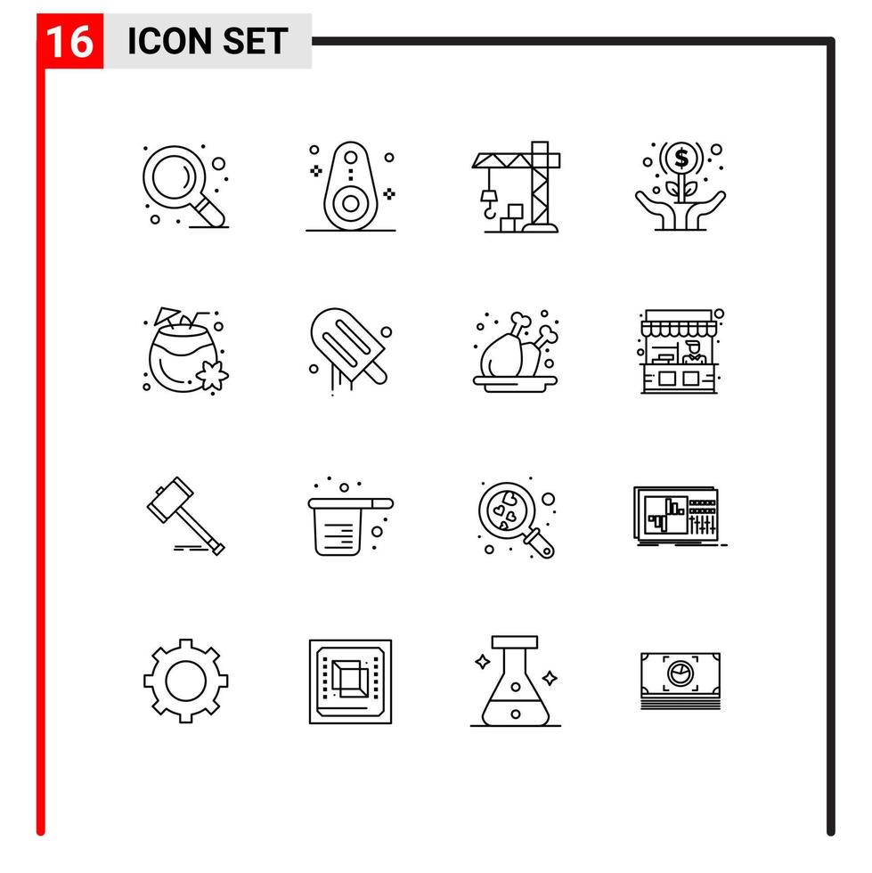 Group of 16 Outlines Signs and Symbols for drink coconut construction investment growth Editable Vector Design Elements