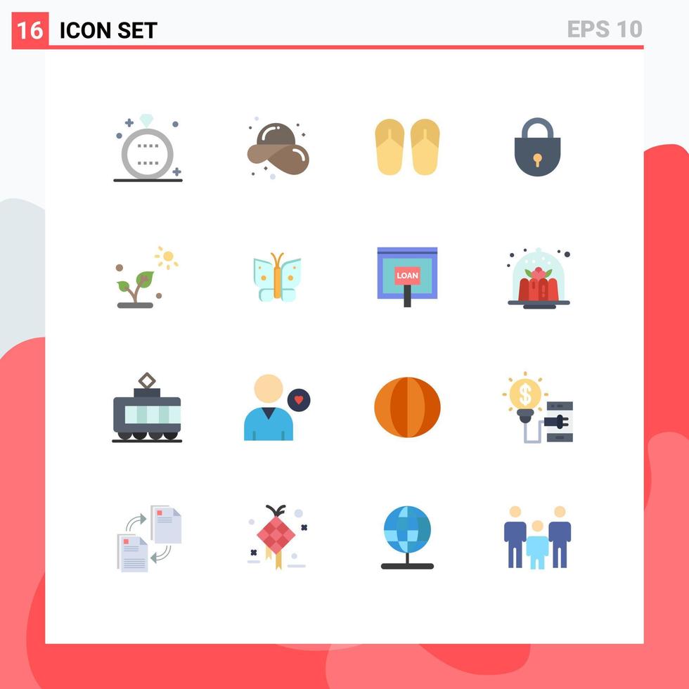 Pictogram Set of 16 Simple Flat Colors of biology locked straw hat lock sandal Editable Pack of Creative Vector Design Elements