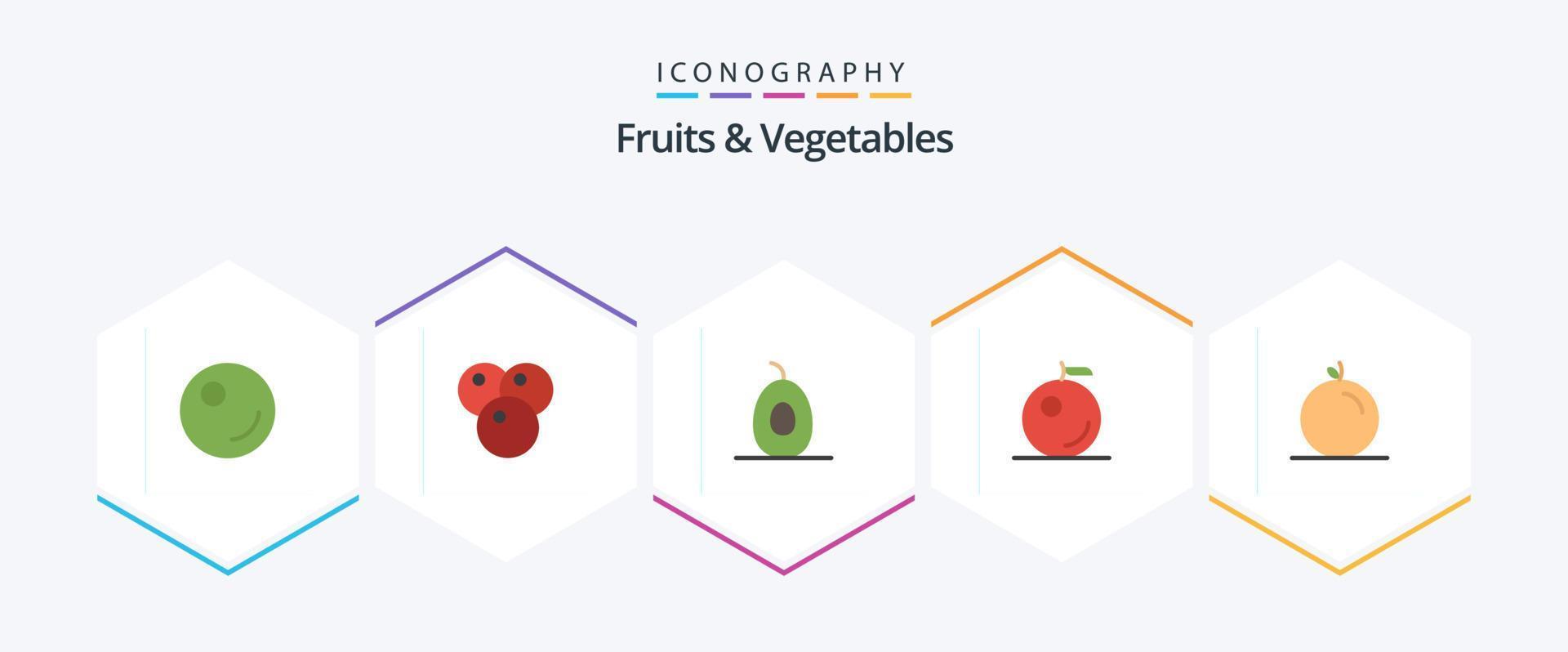 Paquete de 25 íconos planos de frutas y verduras que incluye . fruta. pulpa vector