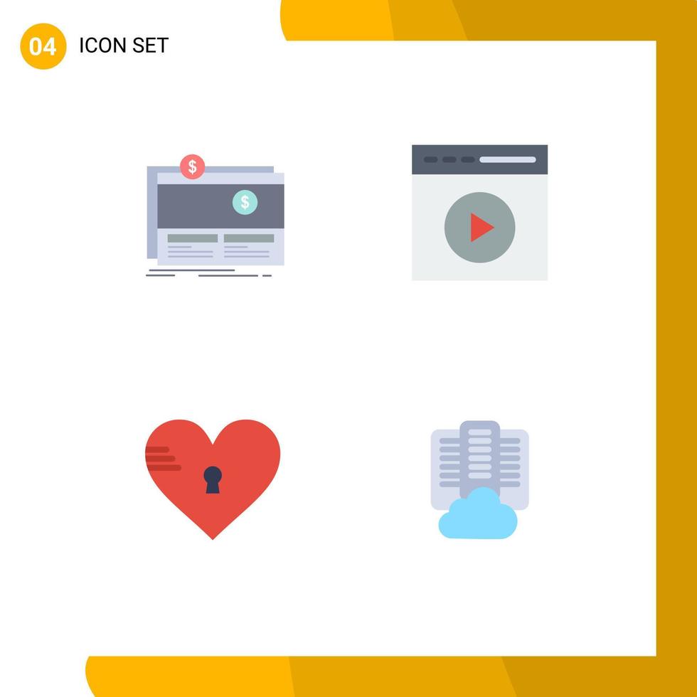 paquete de 4 iconos planos creativos de crowdfunding ver plataforma de video reproducción de medios elementos de diseño vectorial editables seguros vector