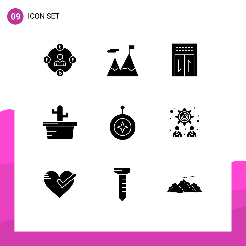 Set of 9 Commercial Solid Glyphs pack for medal badge motivation summer cactus Editable Vector Design Elements