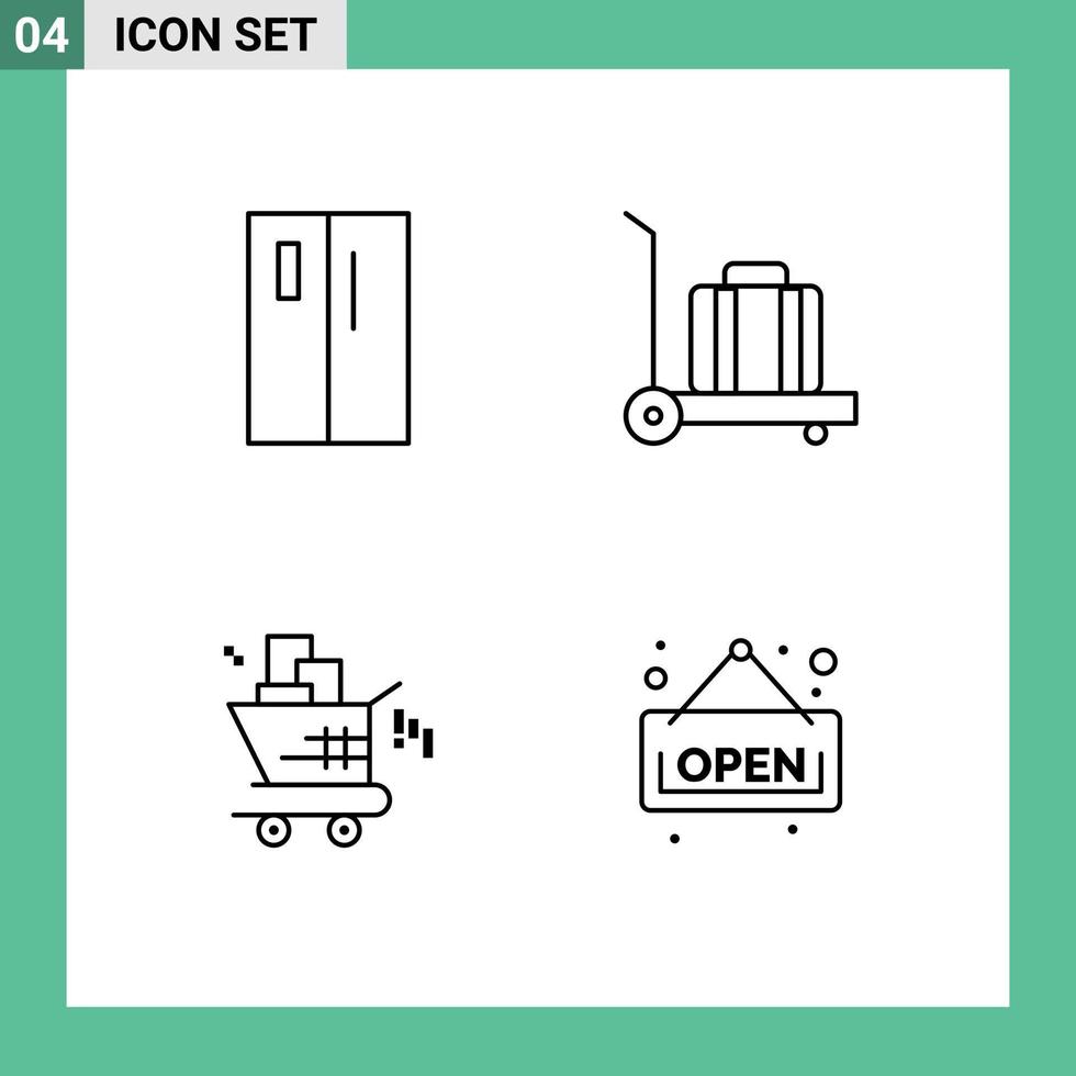 Mobile Interface Line Set of 4 Pictograms of appliances seo refrigerator luggage open Editable Vector Design Elements