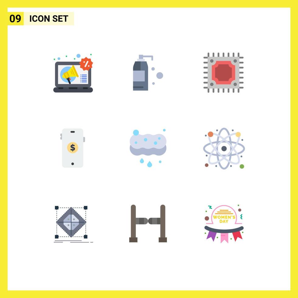 Flat Color Pack of 9 Universal Symbols of wash cleaning microchip clean shopping Editable Vector Design Elements