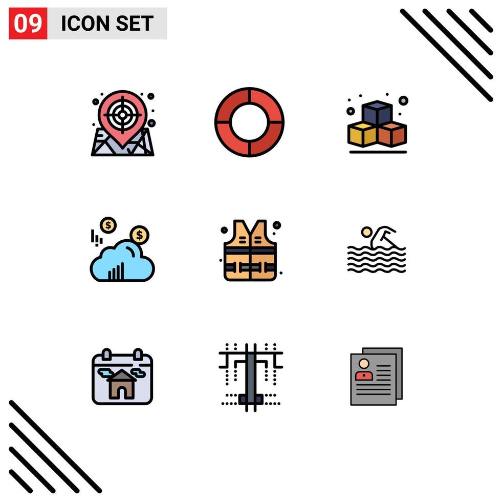 conjunto de 9 iconos de ui modernos símbolos signos para actividad de natación cubo parque chaleco salvavidas elementos de diseño vectorial editables vector