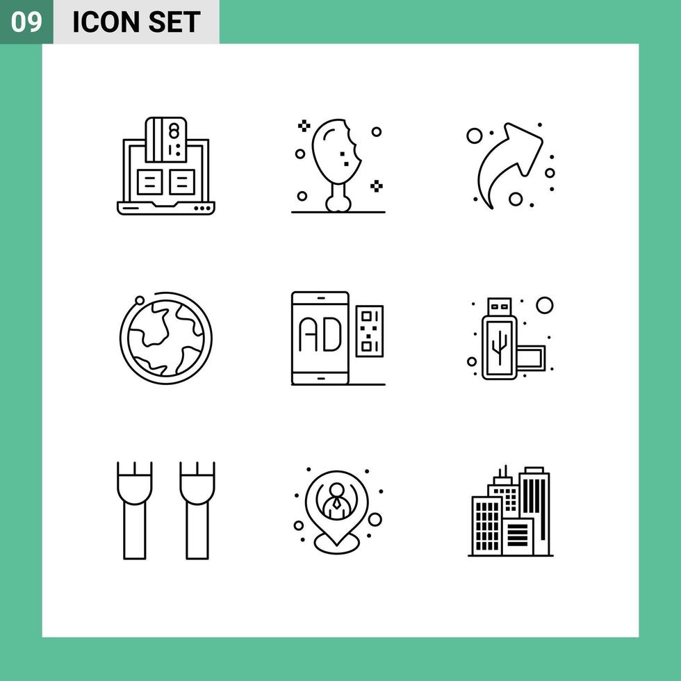 User Interface Pack of 9 Basic Outlines of ad internet turkey leg world right Editable Vector Design Elements