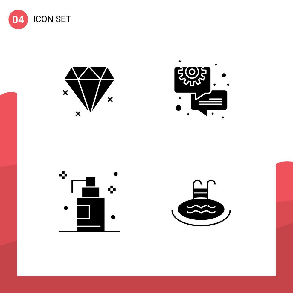 4 Universal Solid Glyphs Set for Web and Mobile Applications diamond hotel chat gel swimming Editable Vector Design Elements