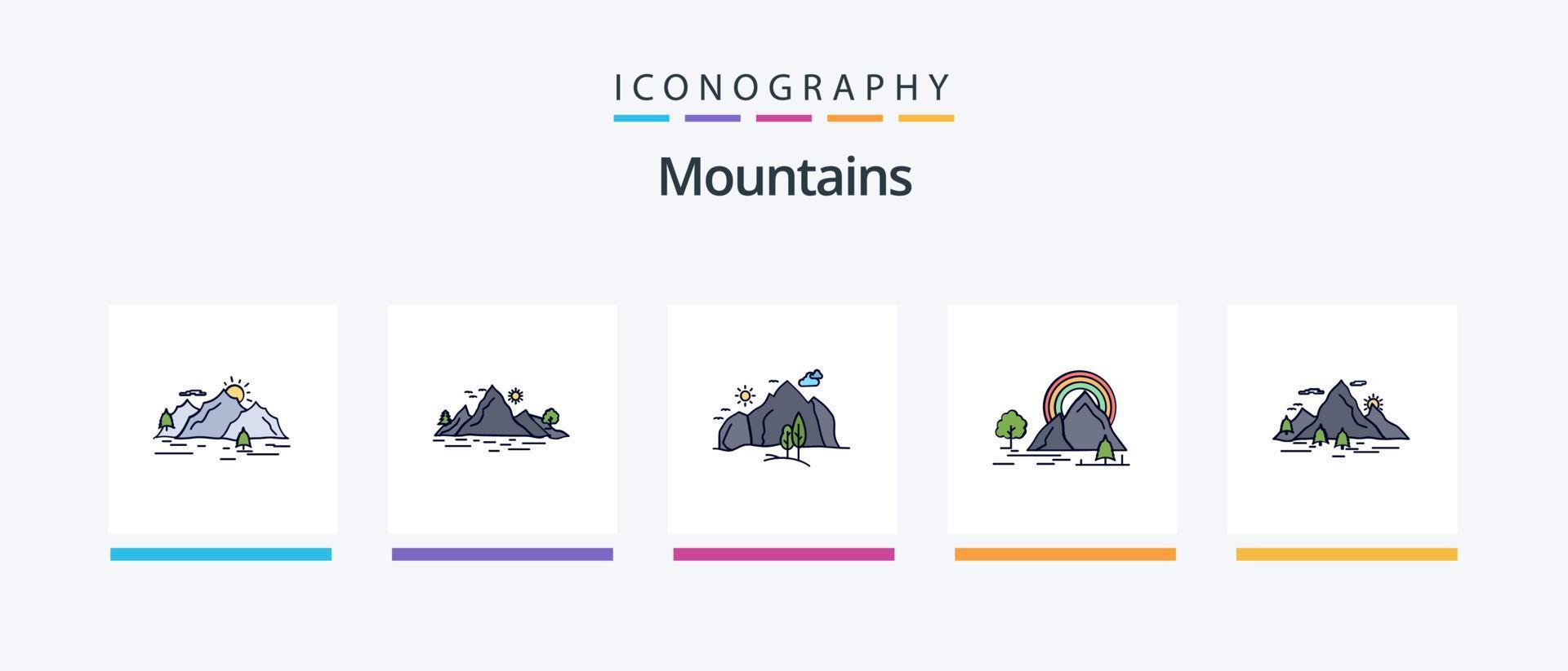 la línea de montañas llenó el paquete de 5 íconos, incluido el árbol. sol. paisaje. montaña. paisaje. diseño de iconos creativos vector