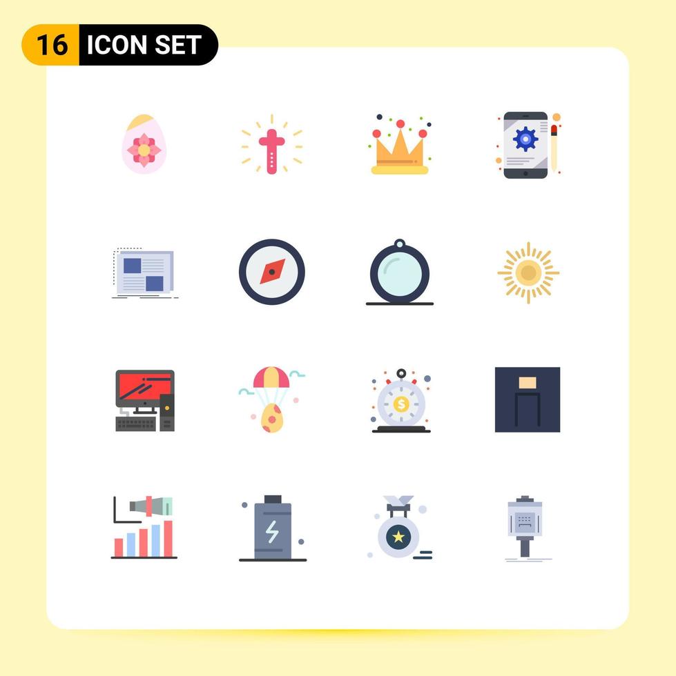 Editable Vector Line Pack of 16 Simple Flat Colors of frame content crown tablet configuration Editable Pack of Creative Vector Design Elements