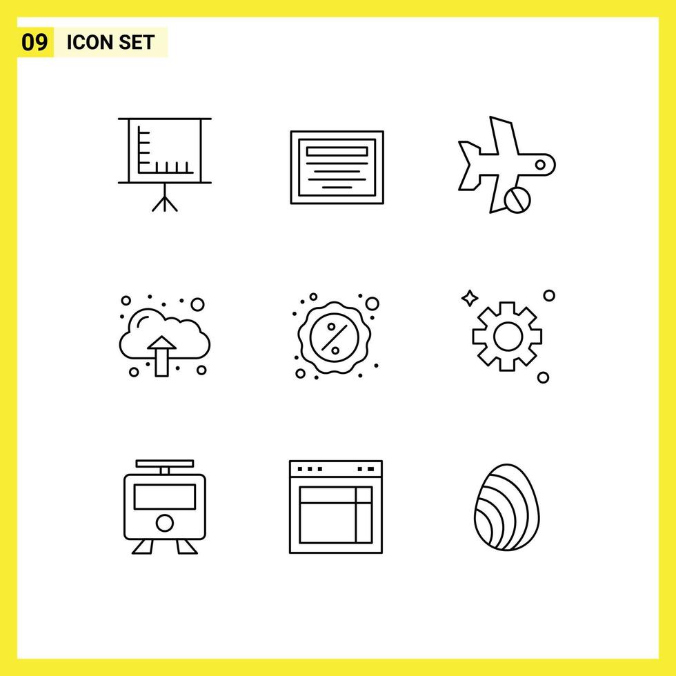 Pack of 9 Modern Outlines Signs and Symbols for Web Print Media such as holding sale plane discount data Editable Vector Design Elements