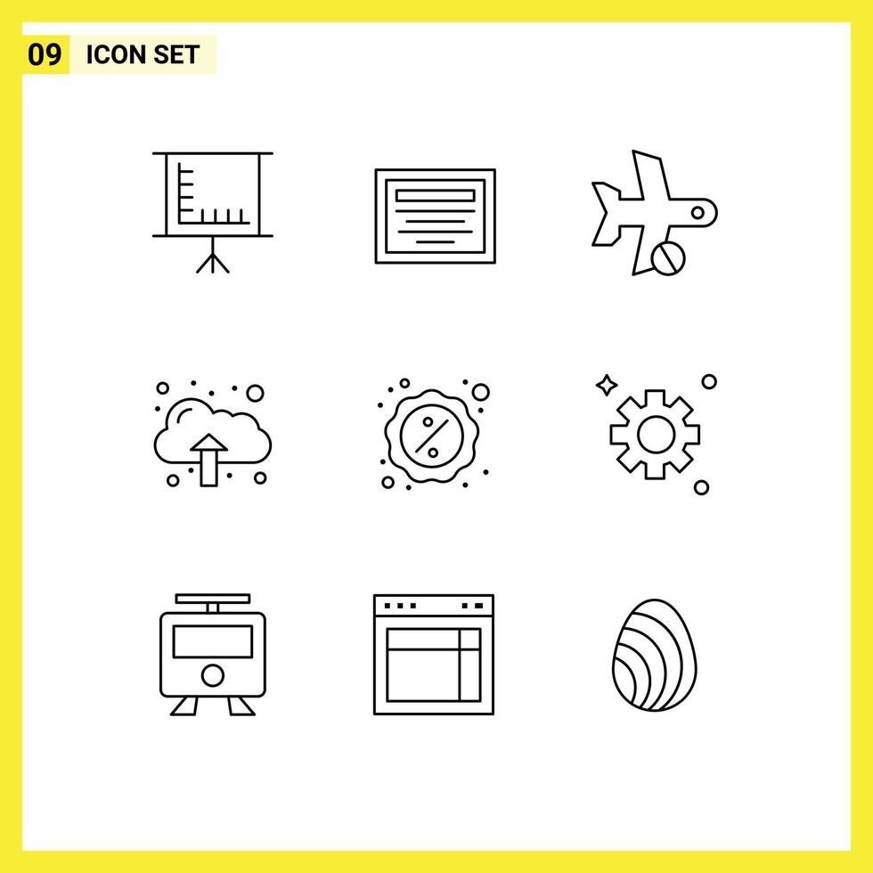 paquete de 9 signos y símbolos de contornos modernos para medios de impresión web, como la celebración de elementos de diseño de vectores editables de datos de descuento de avión de venta
