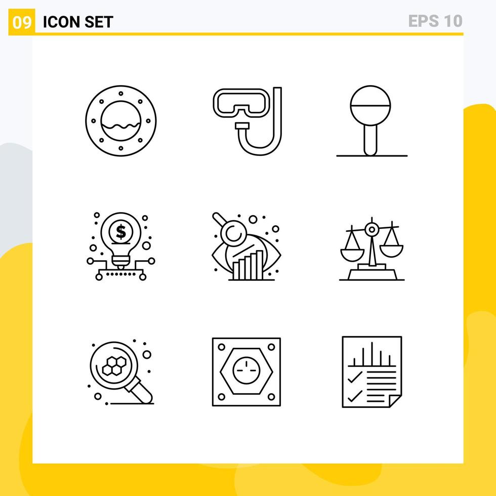 Pack of 9 Modern Outlines Signs and Symbols for Web Print Media such as research business evaluation child stock investment Editable Vector Design Elements