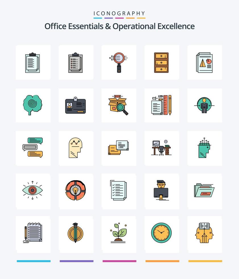 Creative Office Essentials And Operational Exellence 25 Line FIlled icon pack  Such As brain. chart. safe. pie. report vector