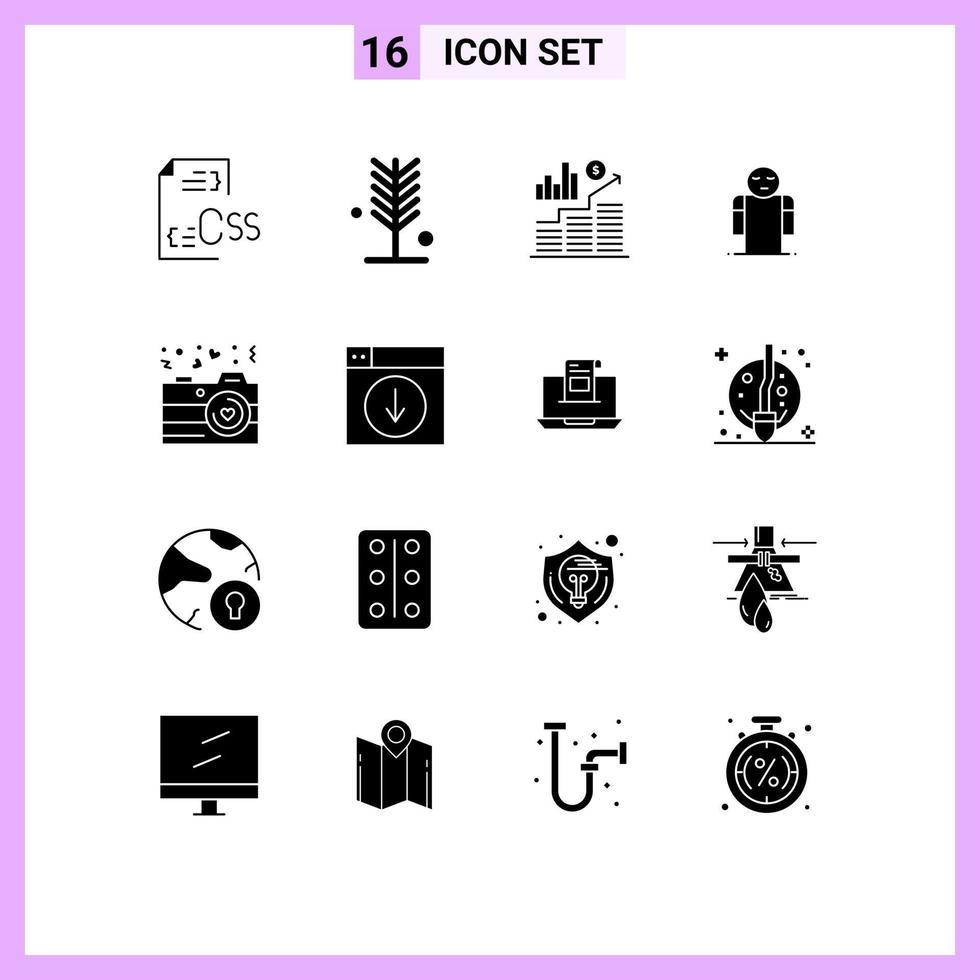 Mobile Interface Solid Glyph Set of 16 Pictograms of person hands summer arms money Editable Vector Design Elements