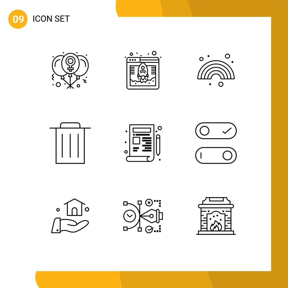 Mobile Interface Outline Set of 9 Pictograms of design trash web hosting recycle rainbow Editable Vector Design Elements