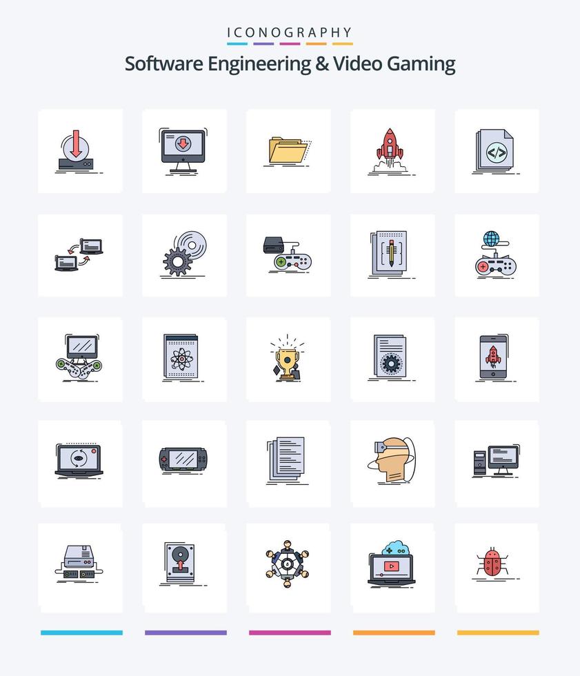 Creative Software Engineering And Video Gaming 25 Line FIlled icon pack  Such As file. code. files. publish. shuttle vector