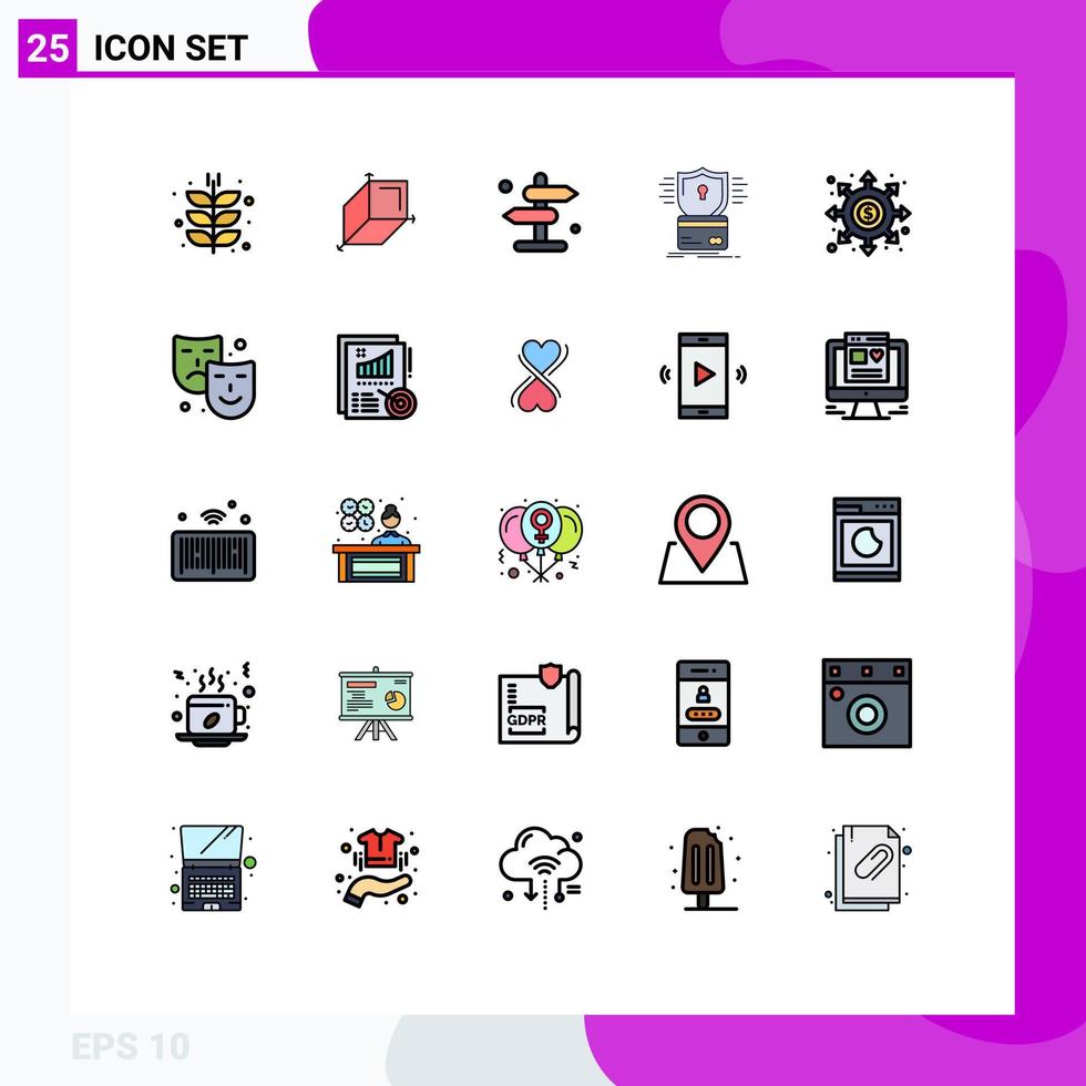 Group of 25 Modern Filled line Flat Colors Set for black hacking board card security Editable Vector Design Elements
