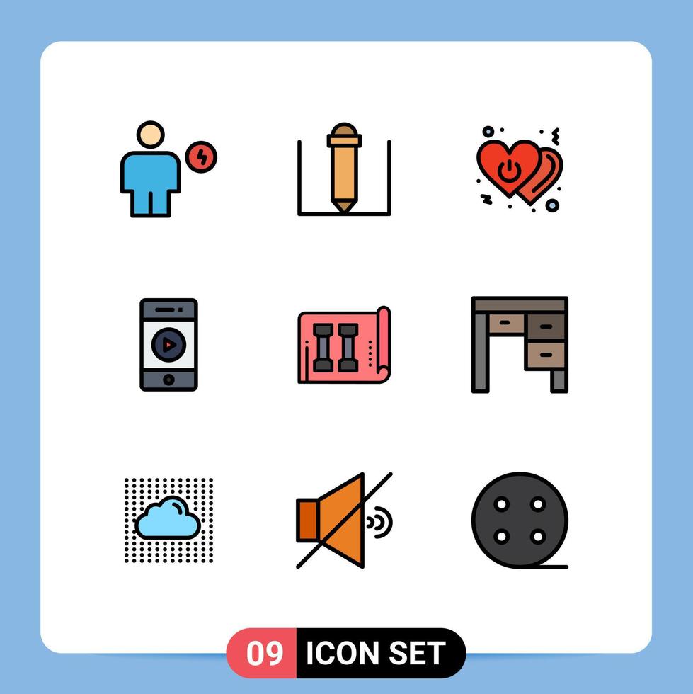 Pack of 9 Modern Filledline Flat Colors Signs and Symbols for Web Print Media such as fitness speaker love sound audio Editable Vector Design Elements