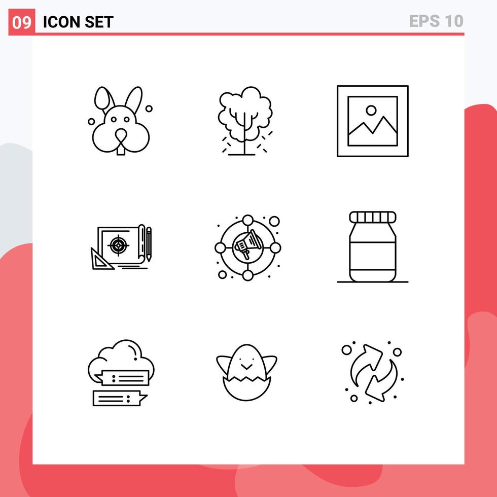 Modern Set of 9 Outlines Pictograph of circle marketing finance file target achievement Editable Vector Design Elements