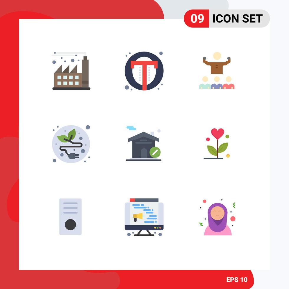 Set of 9 Vector Flat Colors on Grid for house leaf encourage electric plug team Editable Vector Design Elements